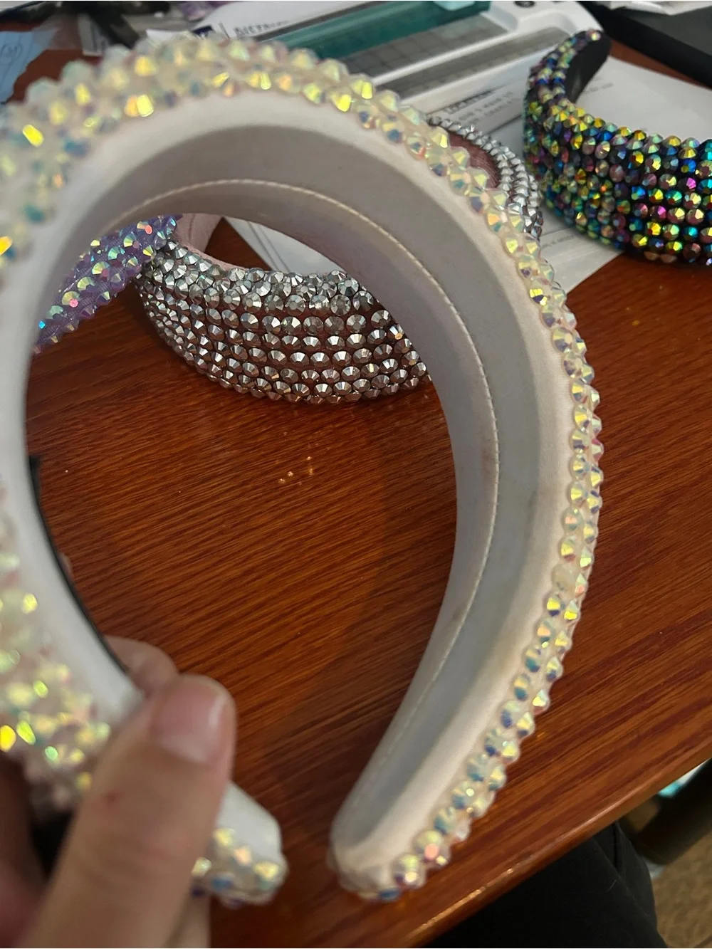 Crystal Embellished Iridescent White Padded Headband